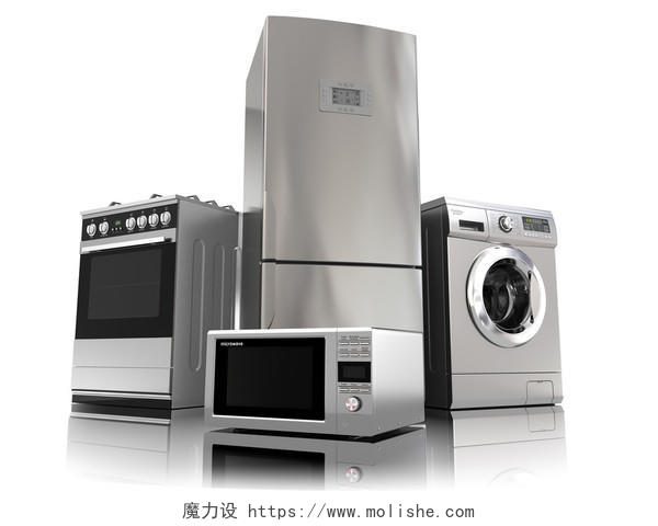 家电产品家用厨房工艺上白色孤立的一套冰箱煤气灶微波炉和洗衣机3d